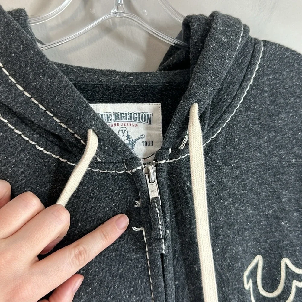 True Religion Men Gray Zip Up Jacket Hoodie Sz XL Buddha Logo Contrast Stitching